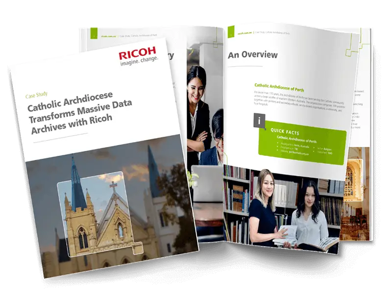 A PDF booklet titled "Catholic Archdiocese Transforms Massive Data Archives with Ricoh"